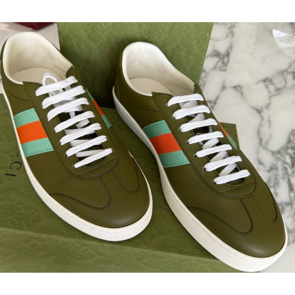 Gucci G74 Leather Sneakers Olive Green Blue Orange Web Stripe 858981 Mens 9G